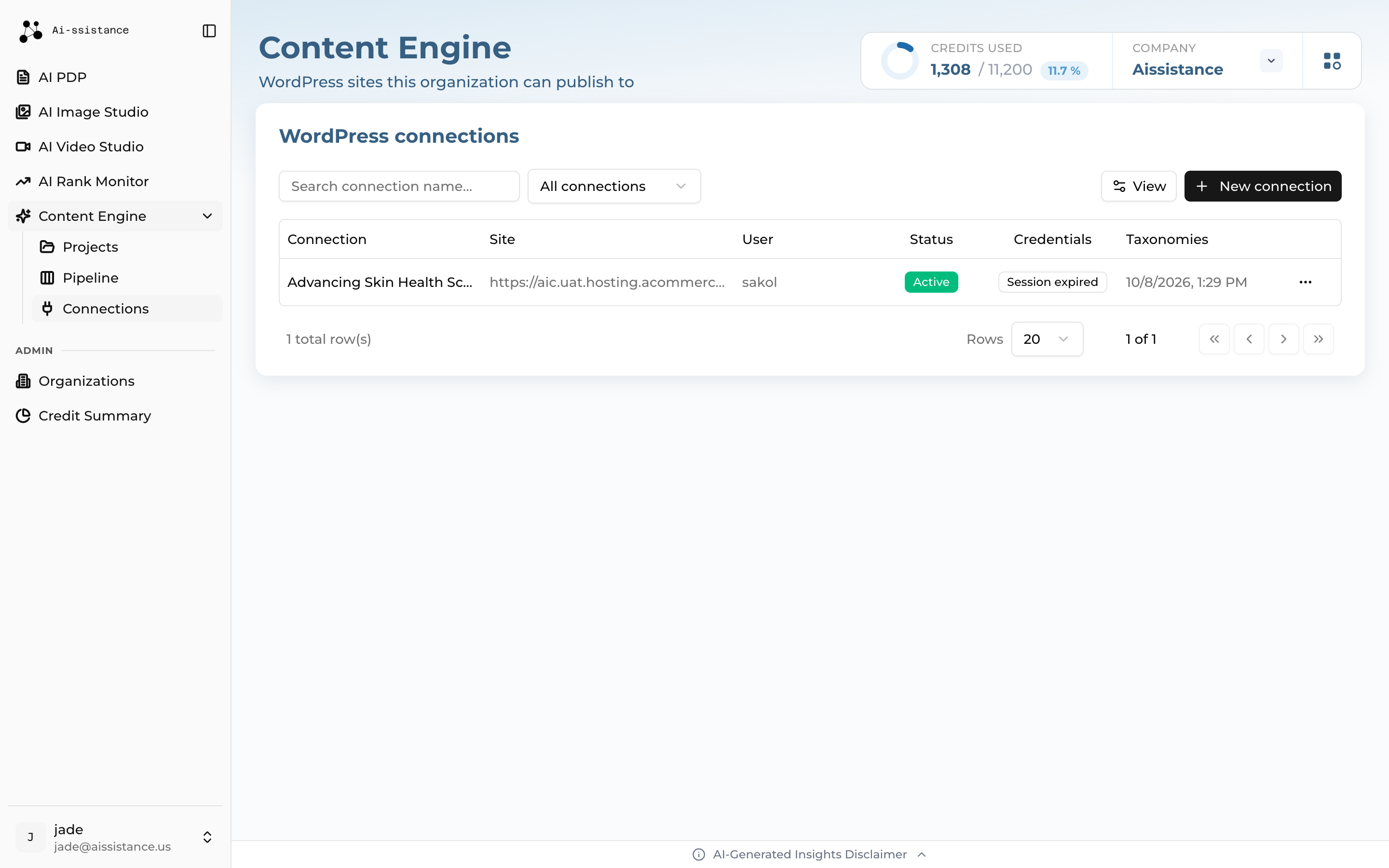 Content Engine Connections list with the New Connection button