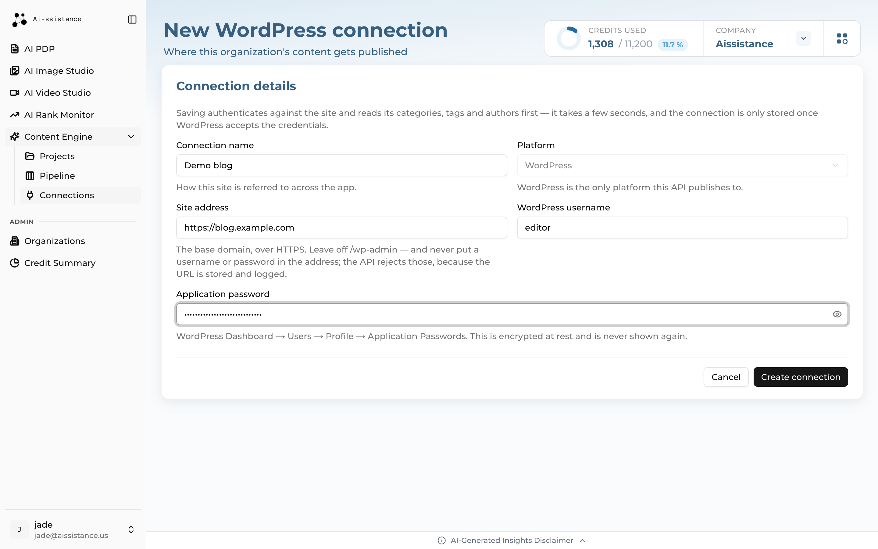 New Connection form with name, site URL, username and password fields