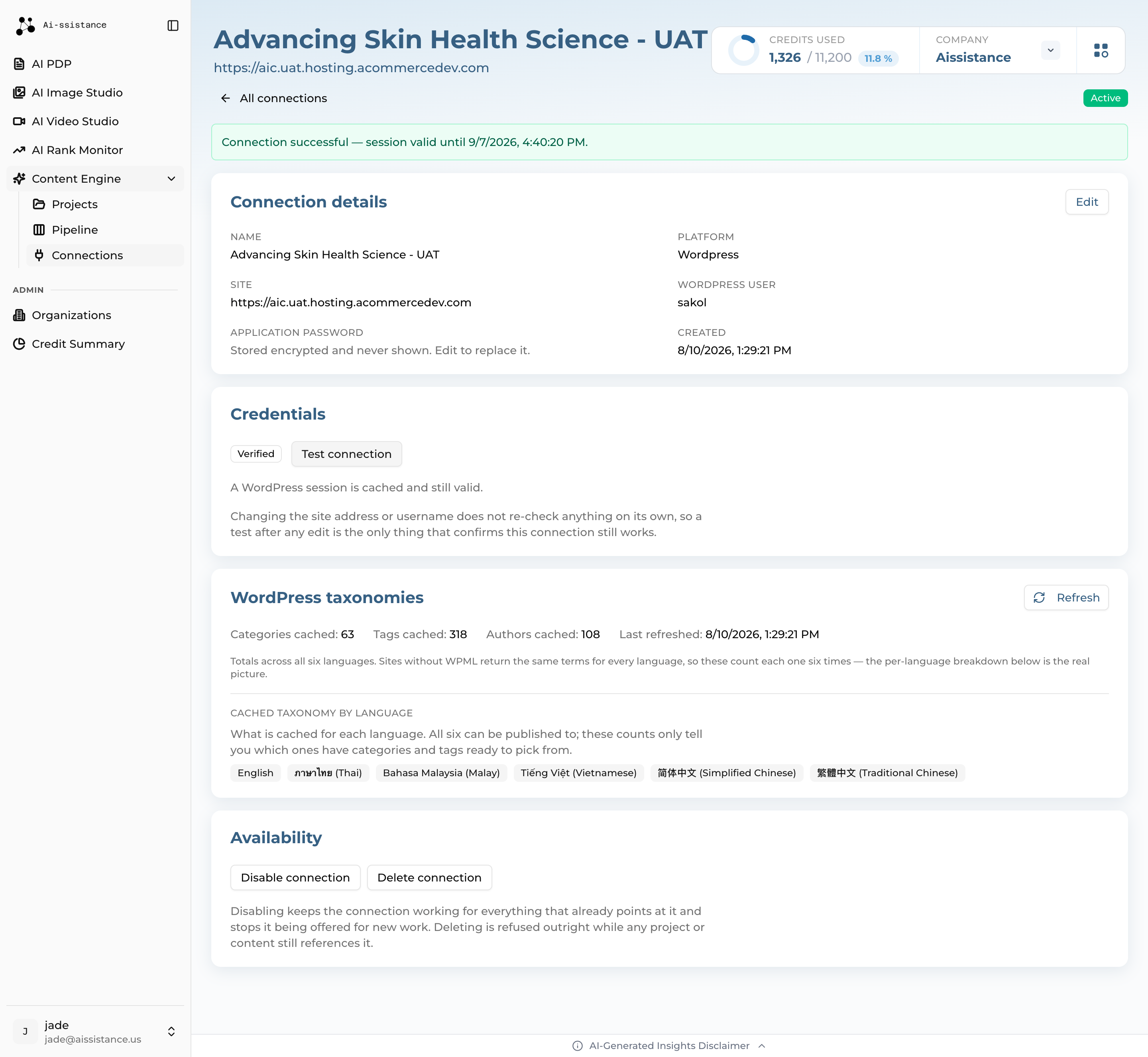 Saved connection with its status, credential state and WordPress taxonomy counts, where Test Connection reports the result