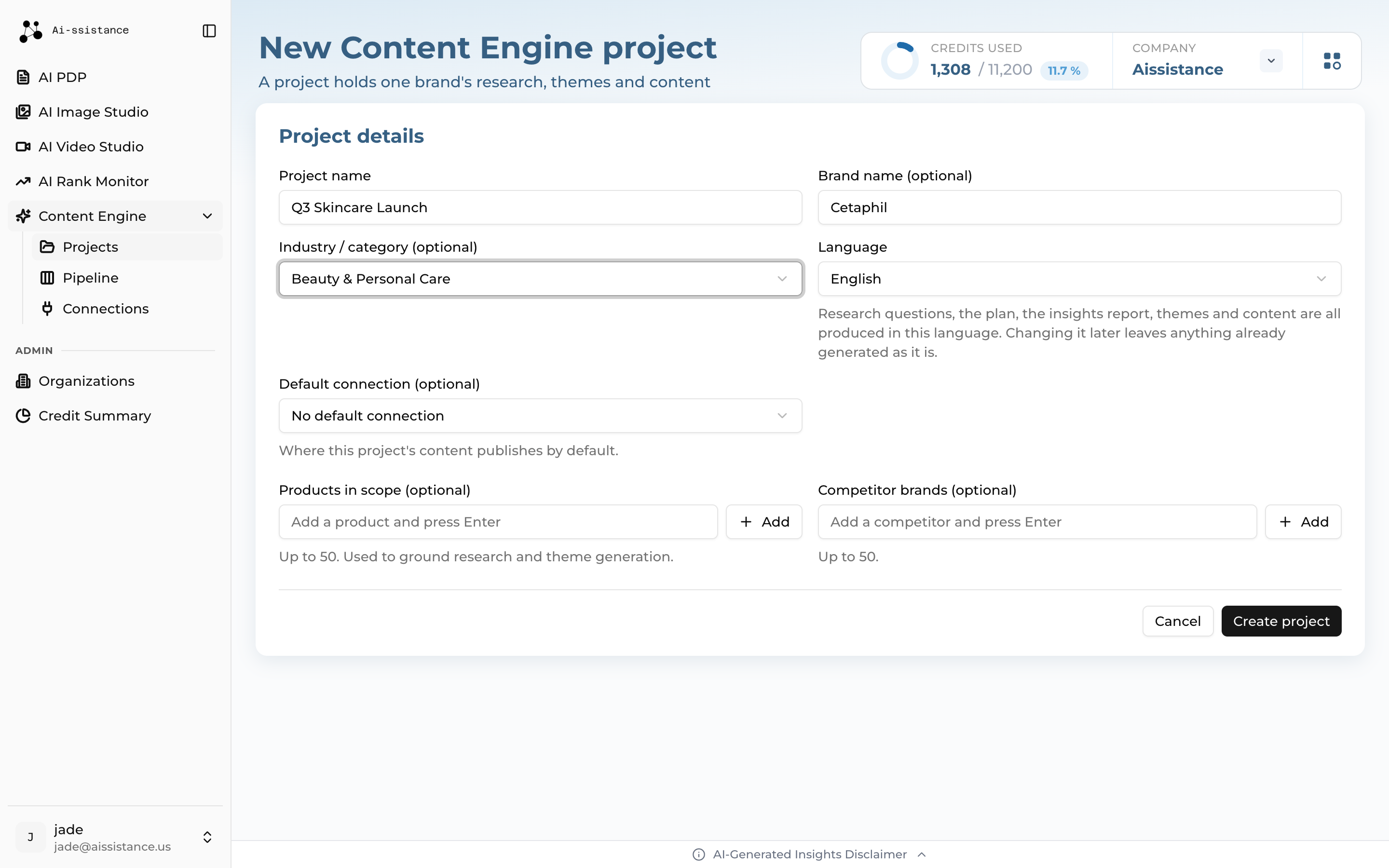 New Content Engine Project form showing name, industry, language and default connection fields