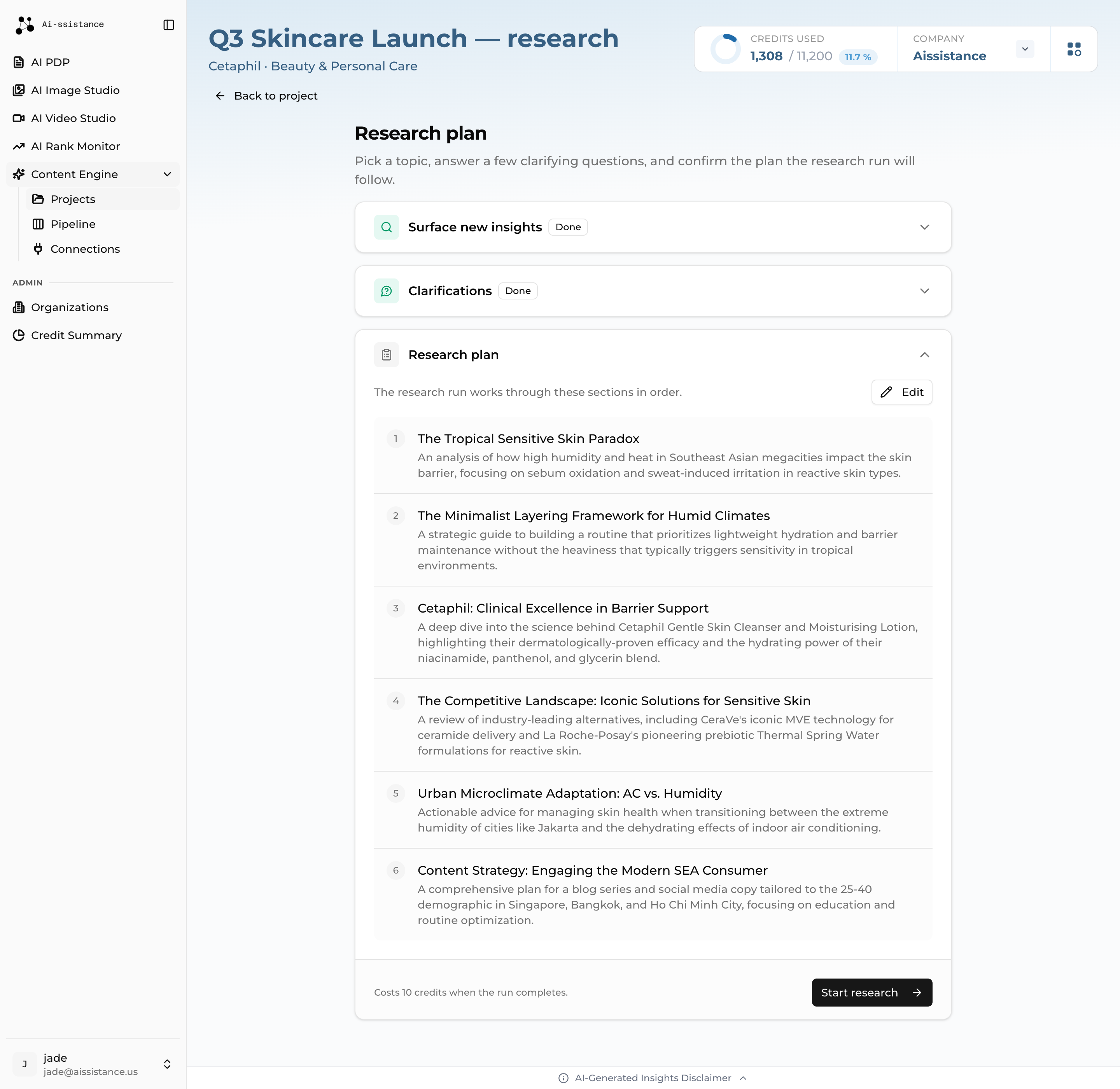 Research plan section listing numbered sections with the Edit control and the Start research button