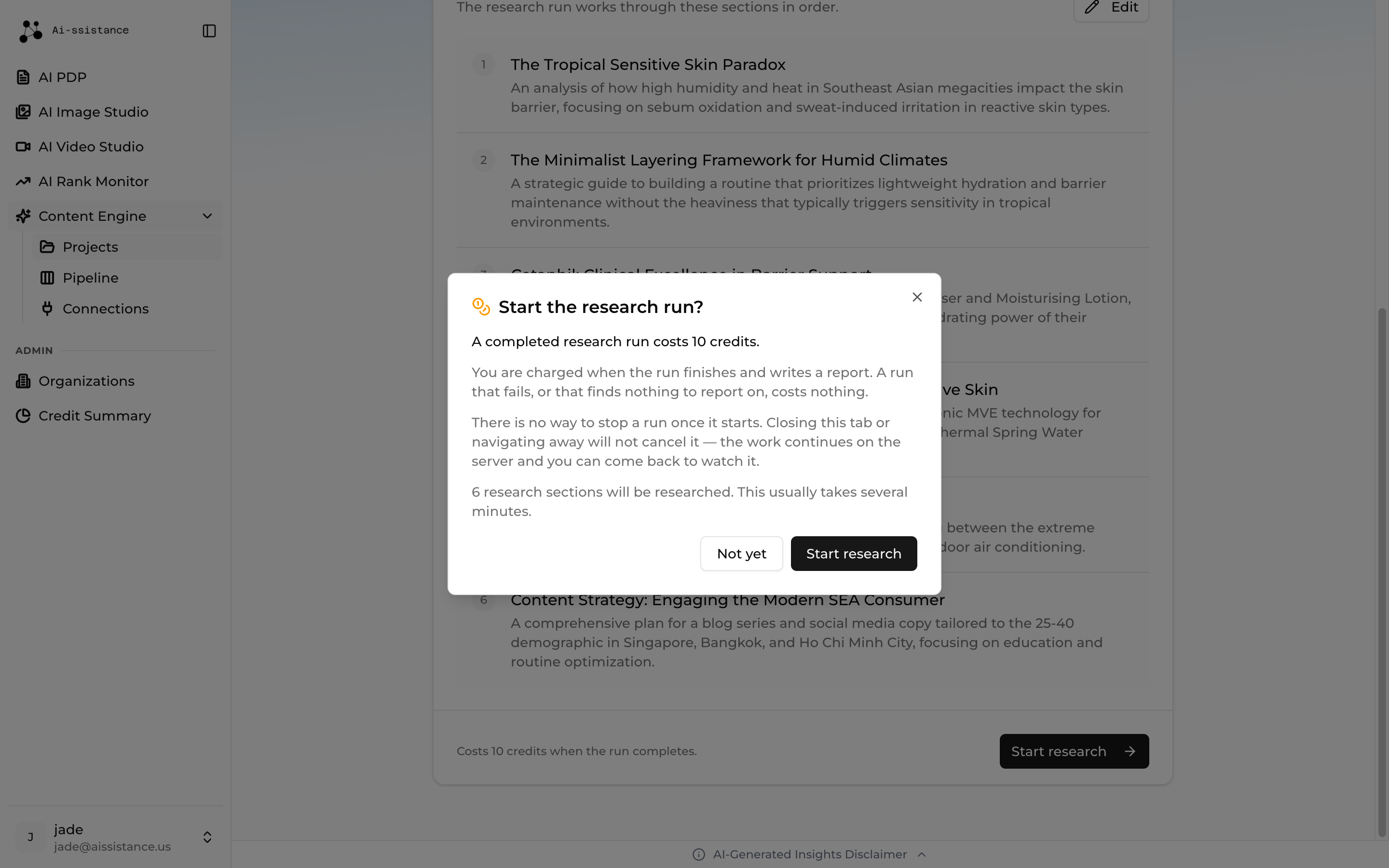 Start the research run confirmation dialog showing the credit cost and the warning that a run cannot be stopped