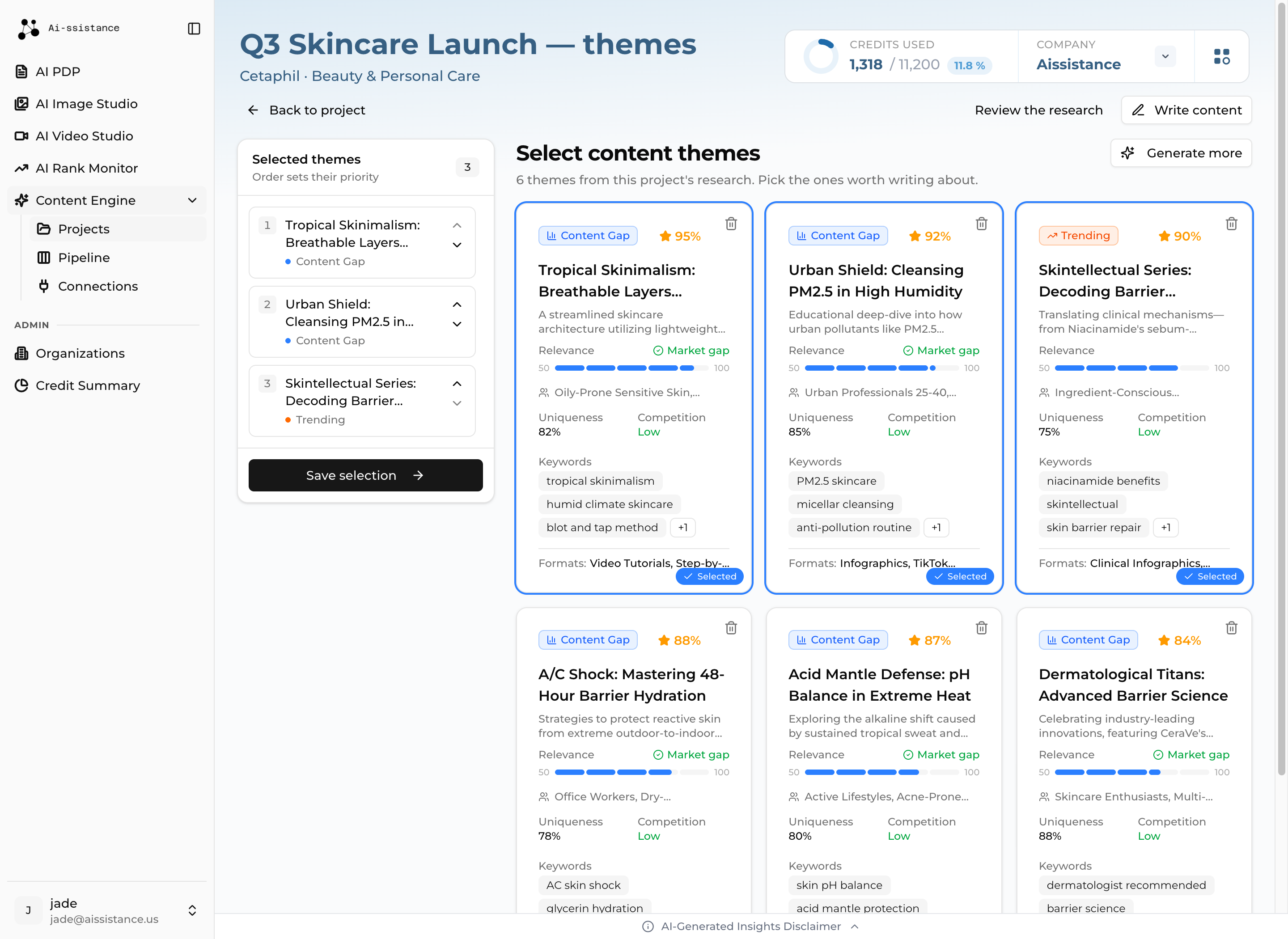 Selected themes rail listing chosen themes in priority order with the Save selection button