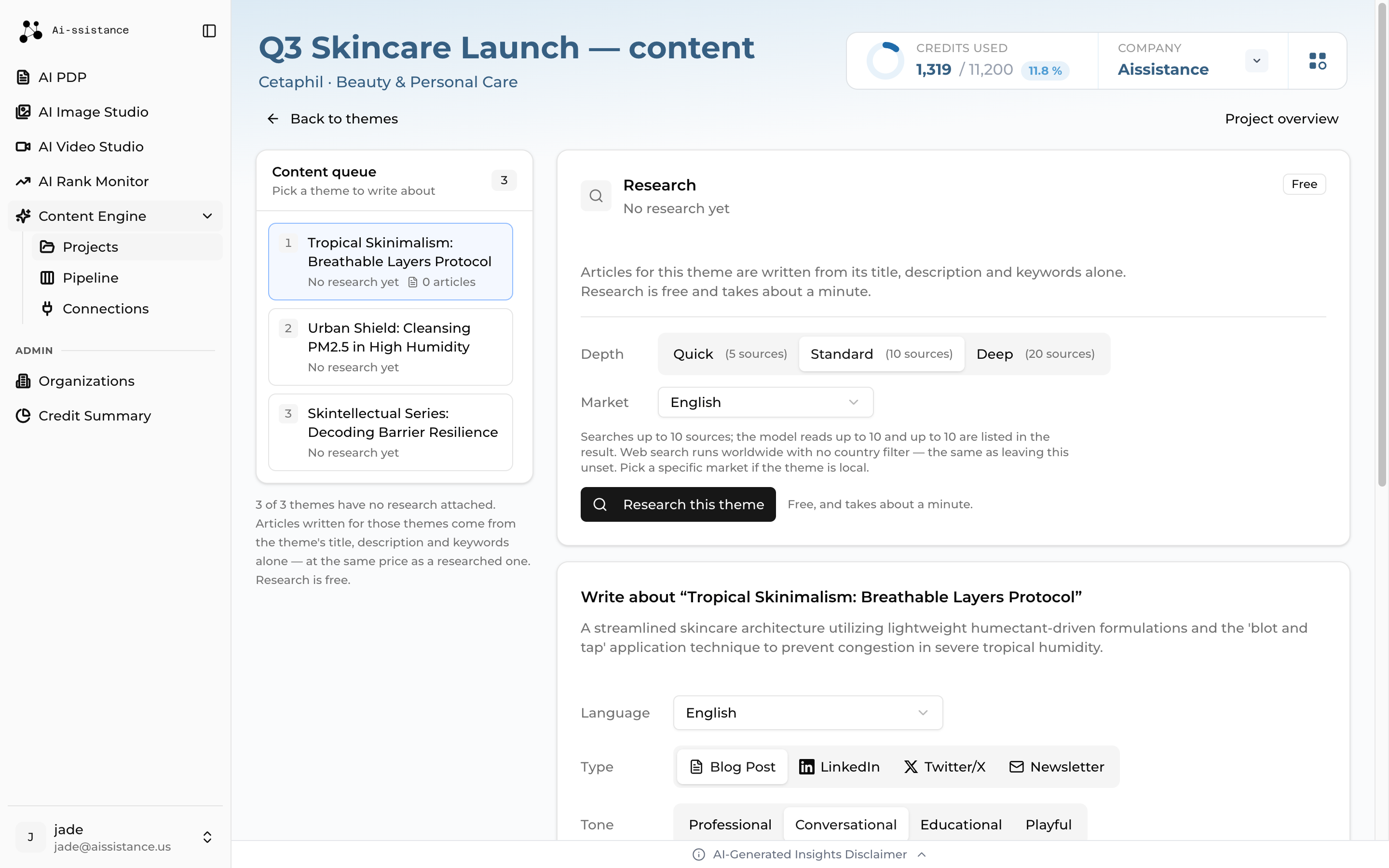 Research panel with the Free badge, the depth toggle, the market select and the Research this theme button
