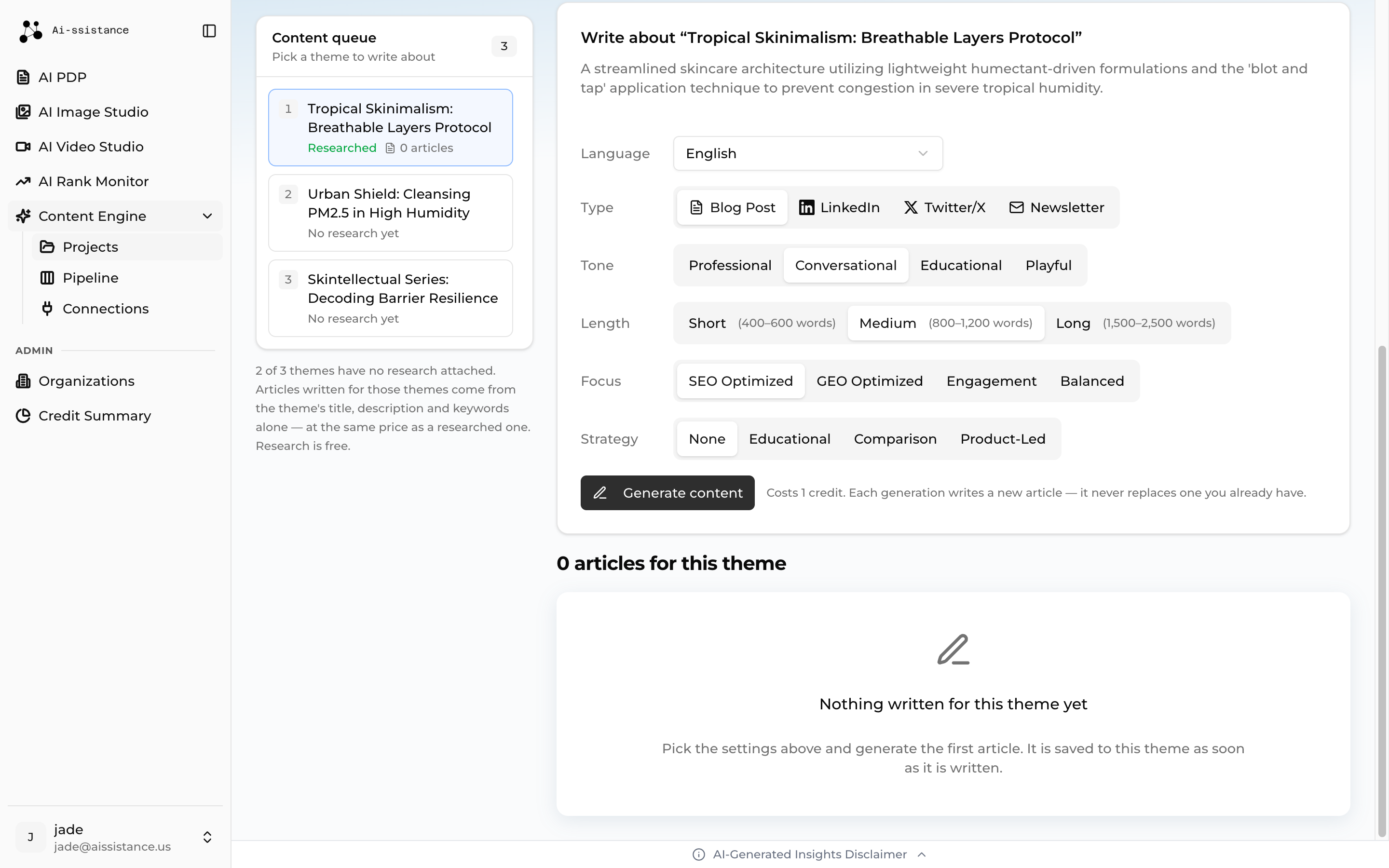 Article configuration rows for language, type, tone, length, focus and strategy with the Generate content button