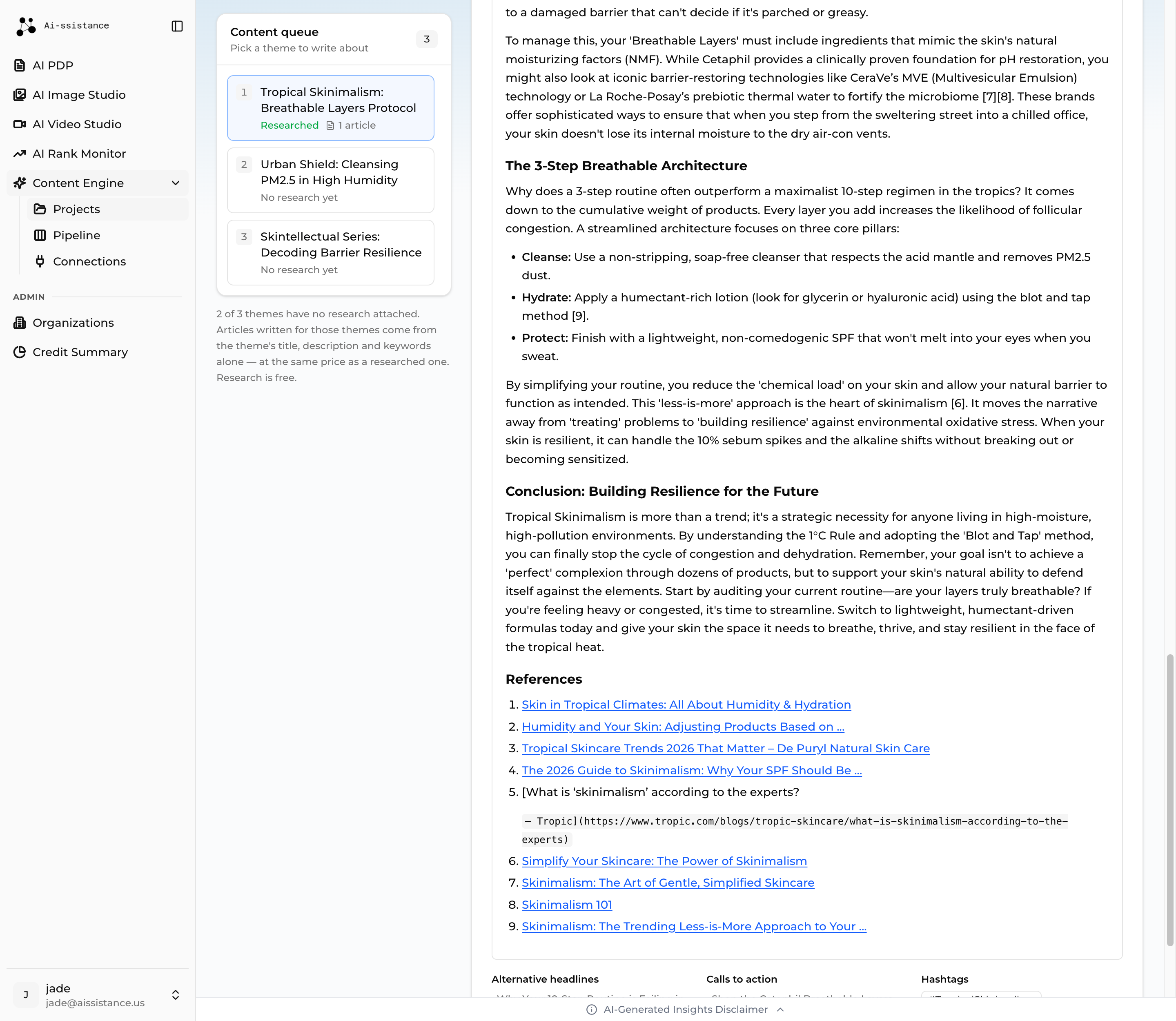 Generated article card with the rendered body, its references section and the alternative headlines and hashtags