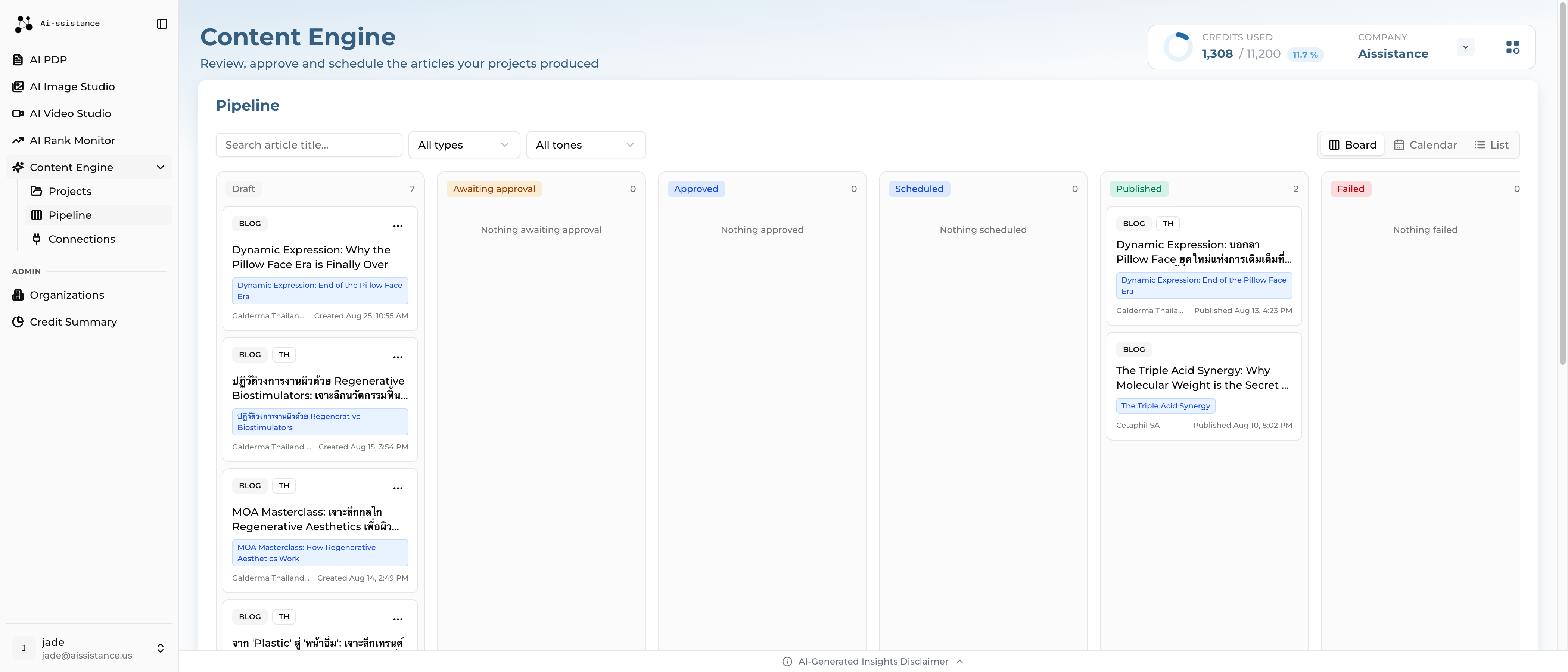 Content pipeline board with the six status columns and article cards