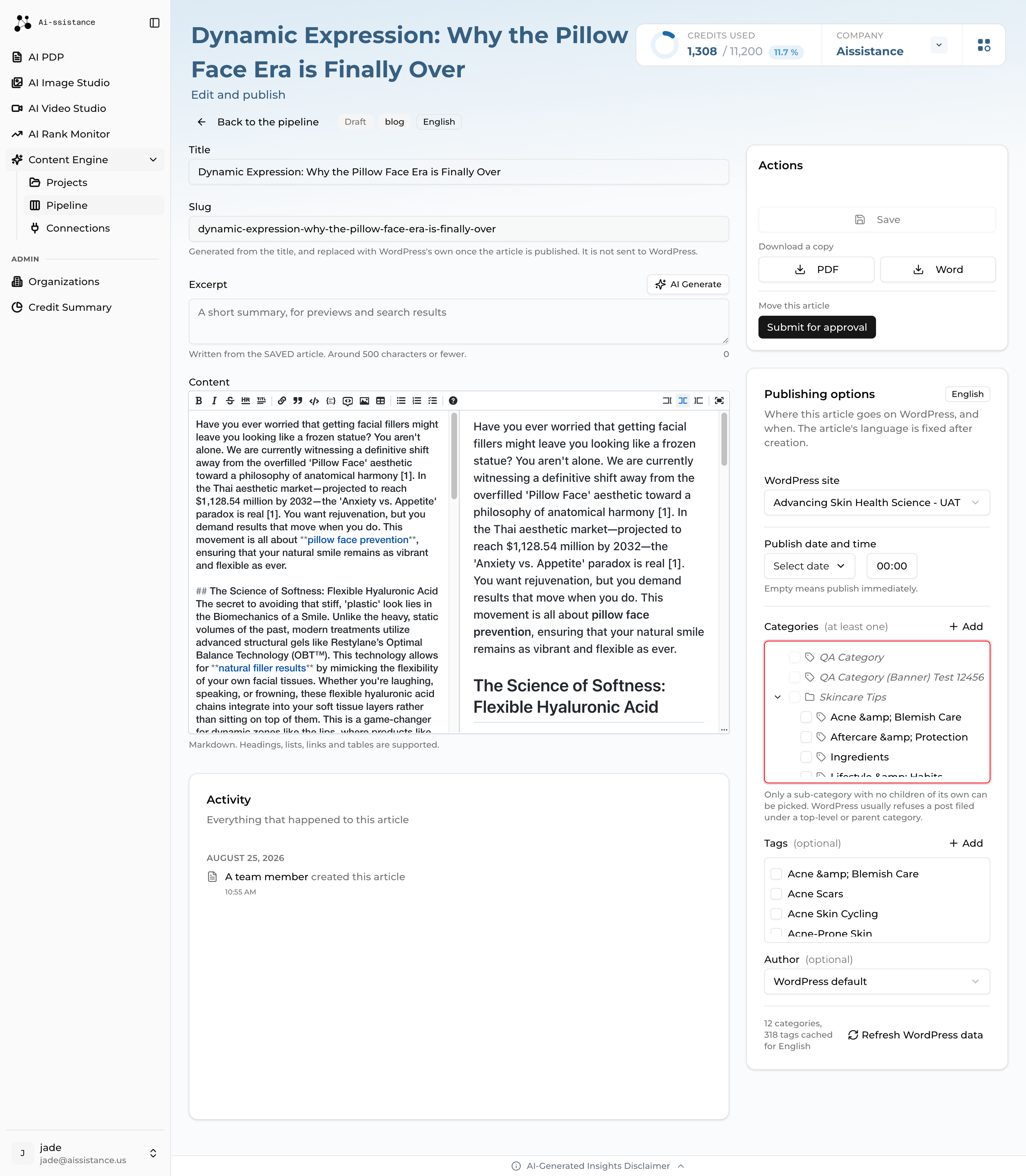 Article editor with the title, slug, excerpt and Markdown content fields alongside the Actions card