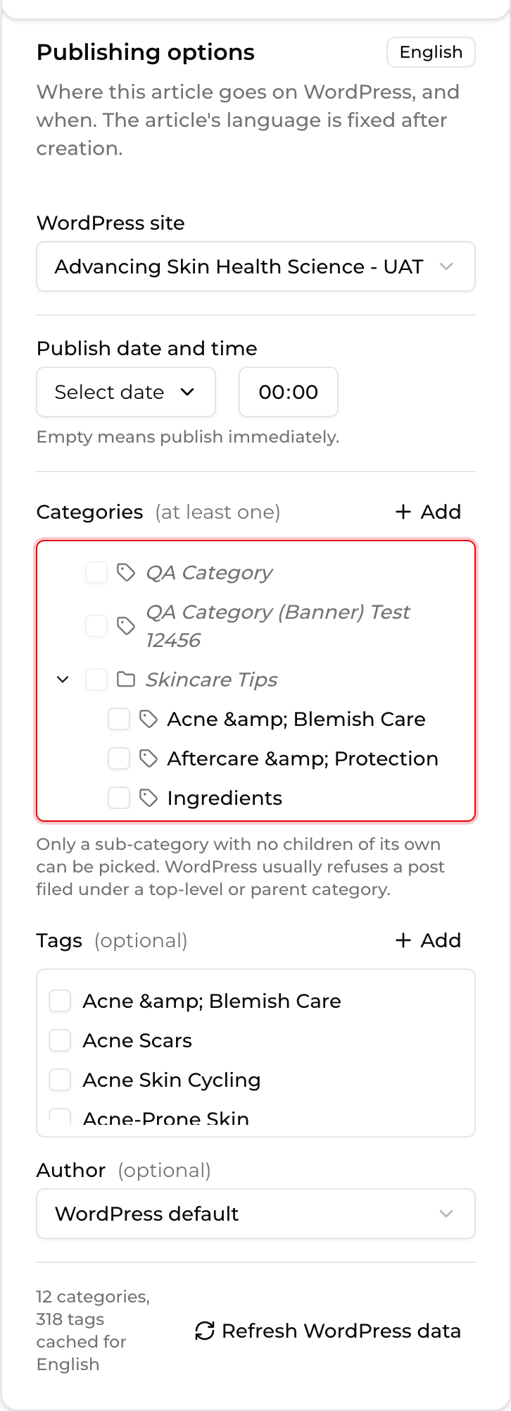 Publishing options panel with the WordPress site select, the category tree, tags and the publish date field