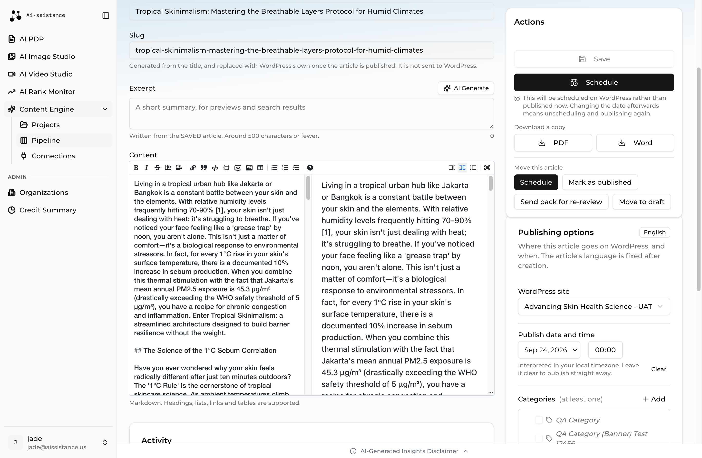 The editor with a saved publish date, where the action button now reads Schedule instead of Publish