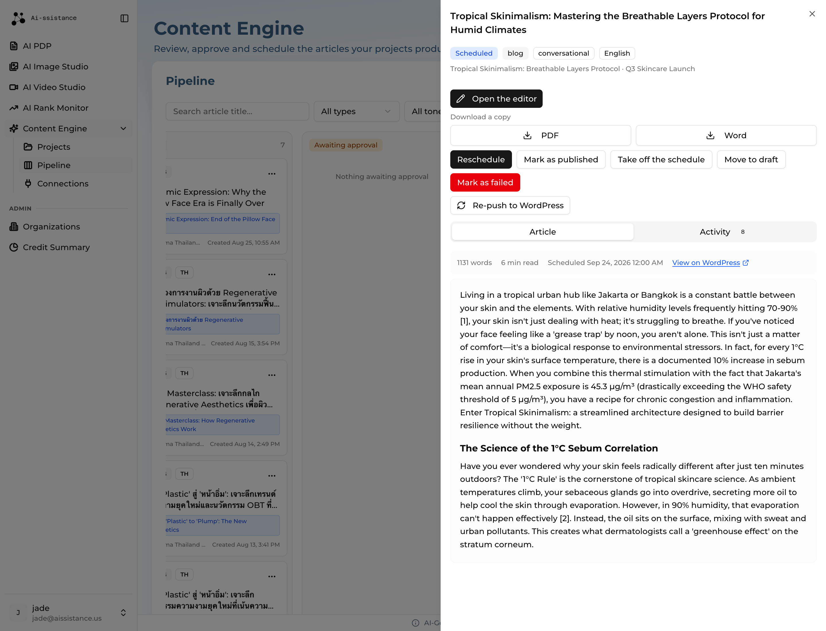 Scheduled article detail sheet with the Reschedule, Take off the schedule and Re-push to WordPress controls