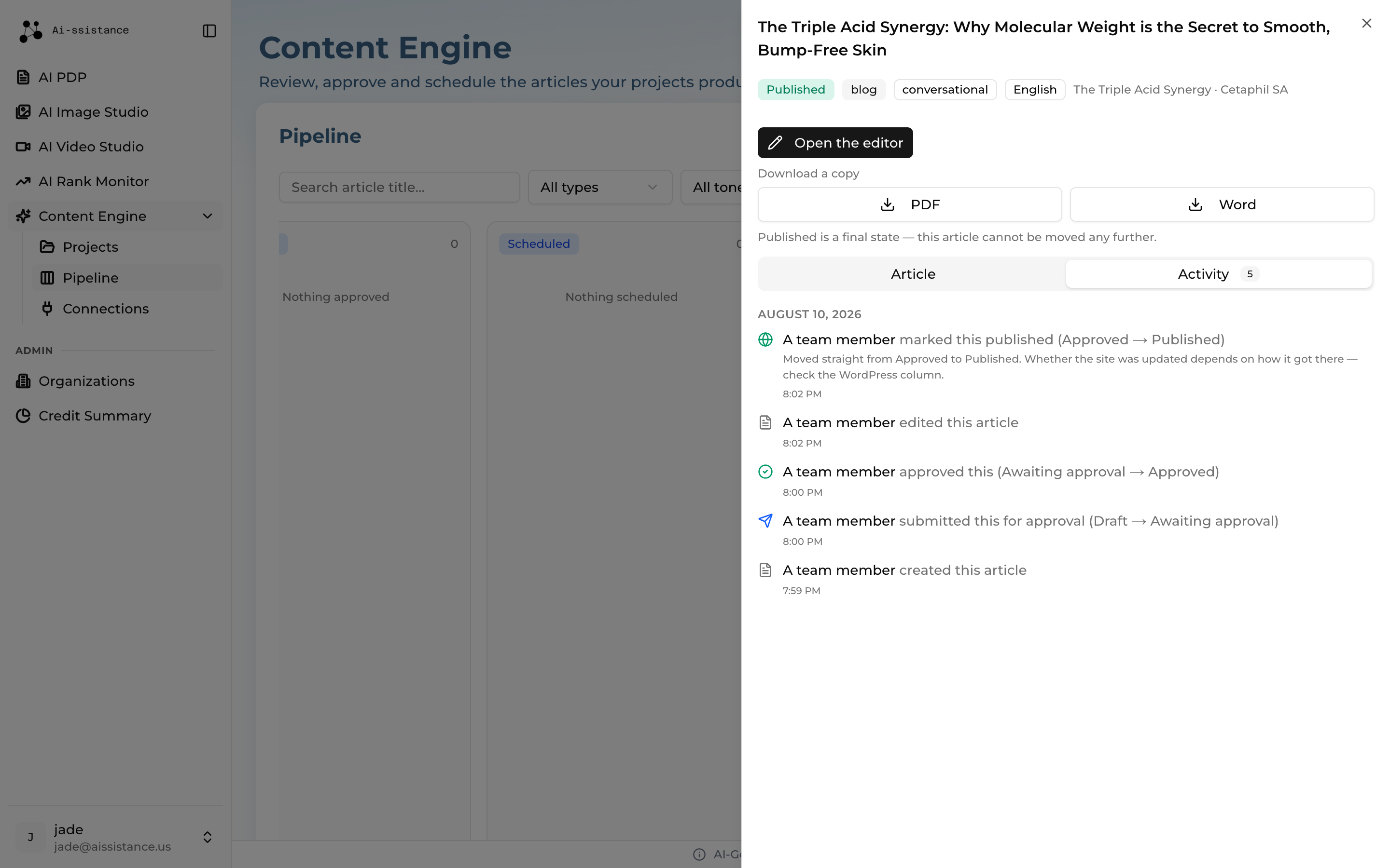 Activity tab listing the article's history with who acted and when
