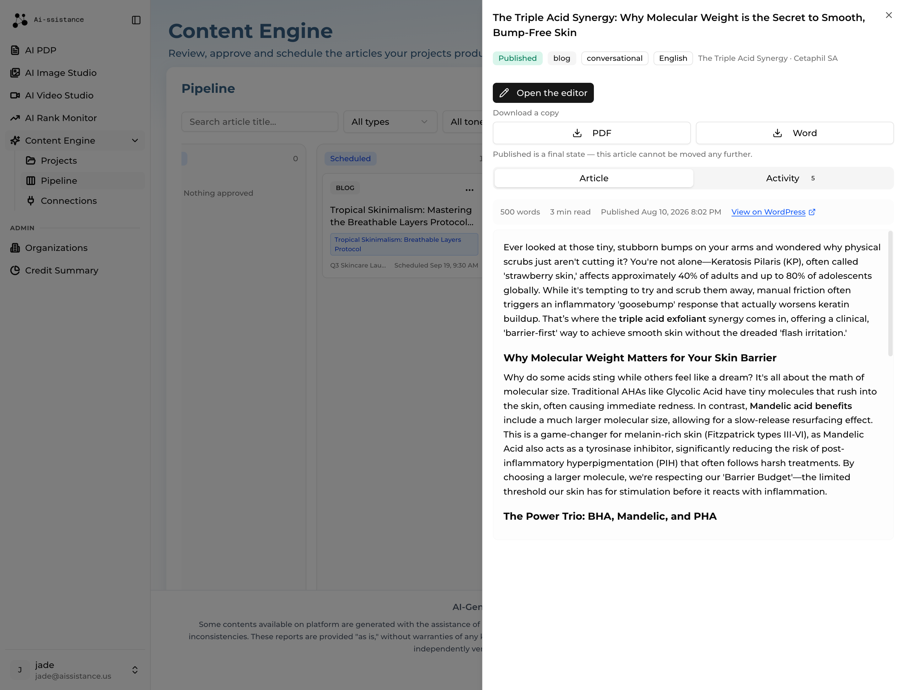 A published article in the pipeline, showing the Published state, the final-state notice and the View on WordPress link